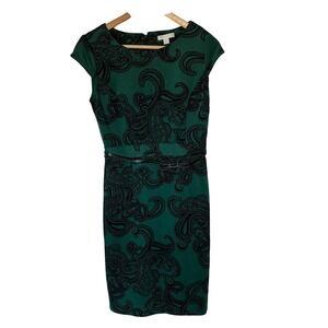 New York Company‎ Green Black Paisley Sheath Dress Size XS Stretch Cap Sleeves